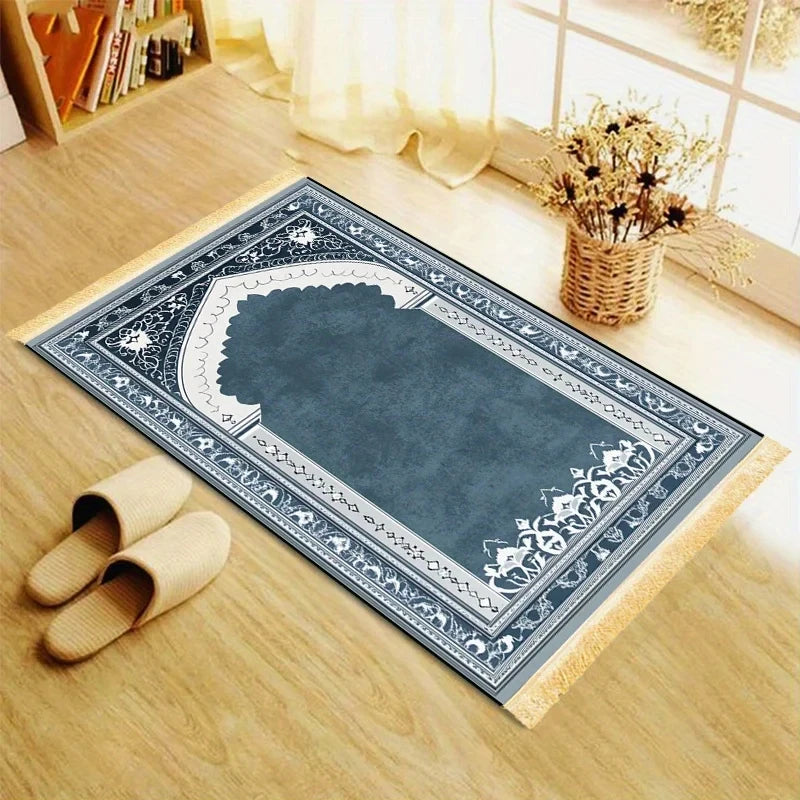 tapis prière bleu foncé motifs floraux doux lavable voyage prayer traditionnel