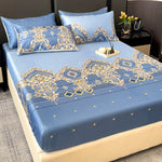 drap housse lit bleu clair doré motif floral classique taies d'oreiller coton