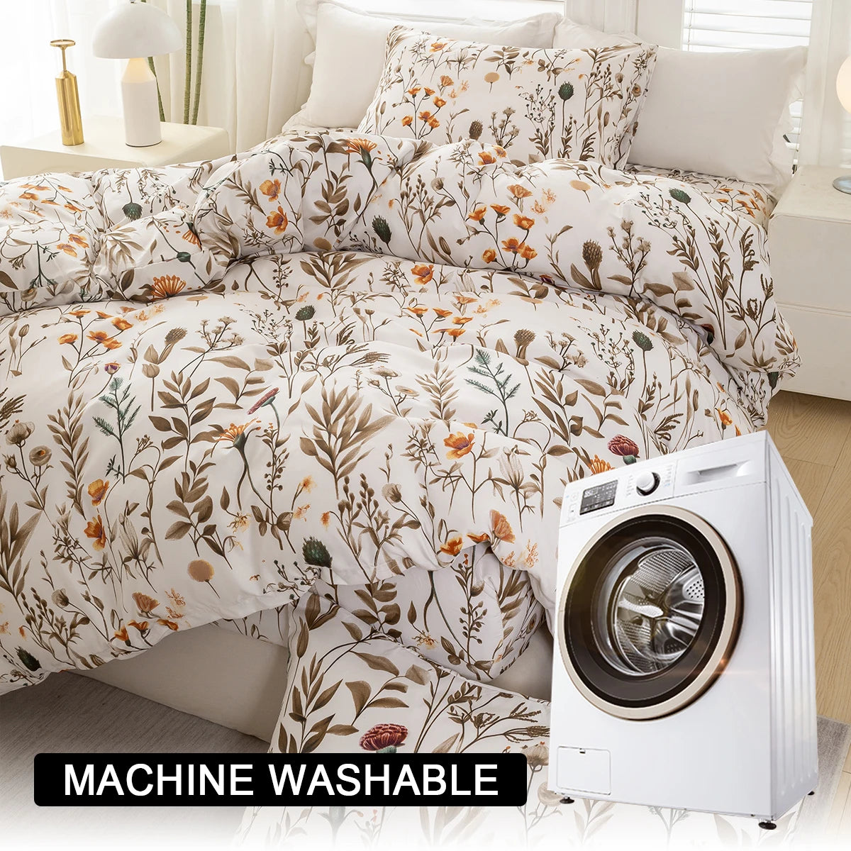 housse couette motif floral moderne pièces blanc cassé orange marron vert douce machine laver