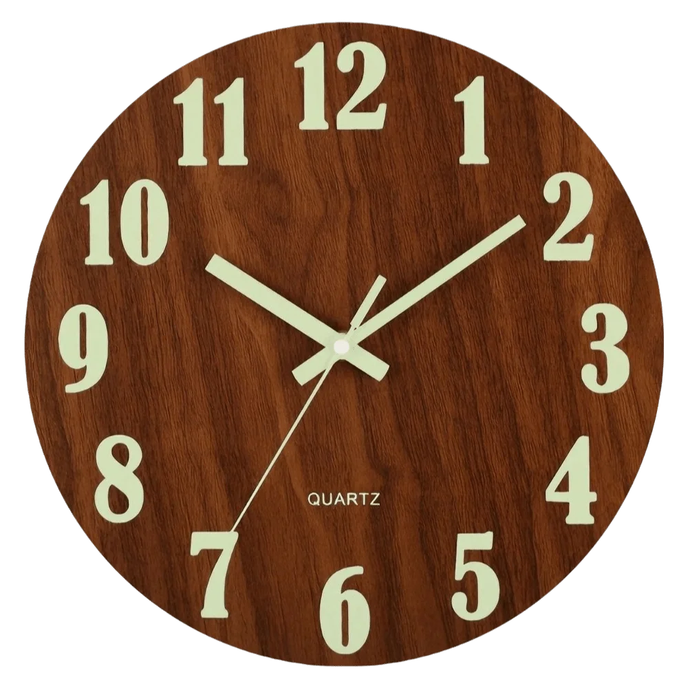 horloge murale moderne bois foncé chiffres blancs texture naturelle pouces facile lecture quartz salon