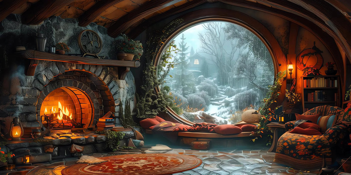 toile d'art paysage nature maison ronde cheminée canapé tapis livres arbre feu confortable moderne