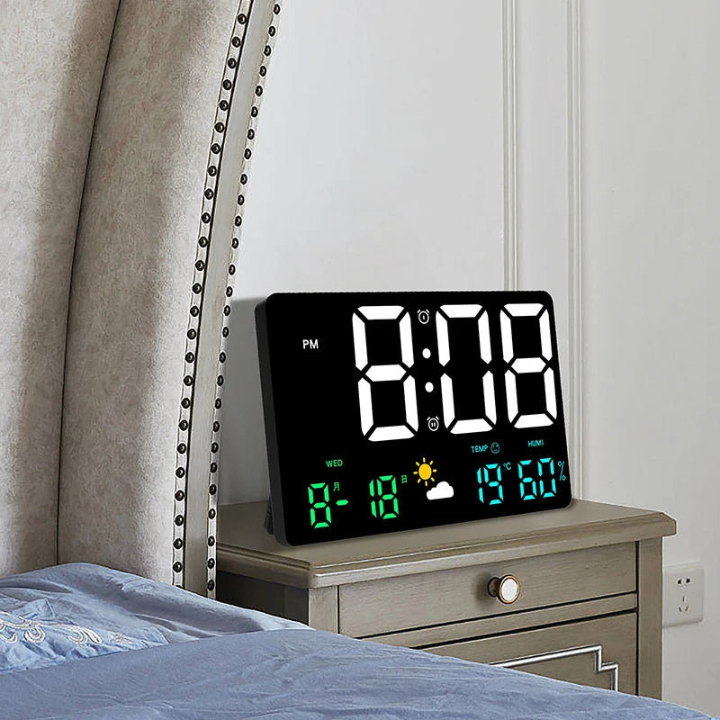 horloge numérique moderne minimaliste affichage température humidité météo réveil couleurs noire blanche lumineuse