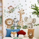 sticker mural animal dessin animé multicolore léopard girafe éléphant singe zèbre décoration enfant chambre
