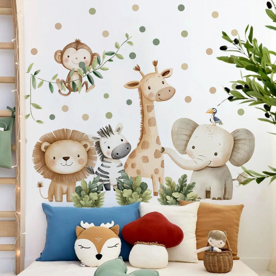 sticker mural animal dessin animé multicolore léopard girafe éléphant singe zèbre décoration enfant chambre