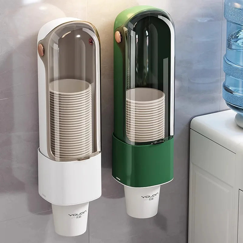 distributeur tasses jetables moderne minimaliste adhésif transparent vert blanc beige plastique