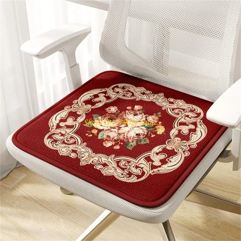 coussin chaise mousse mémoire forme carrée classique fleurs bordure ornée rouge gris