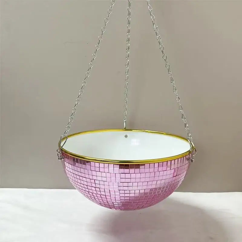 cache pot suspendu miroir moderne mosaïque petits miroirs chaînes argentées plante verte intérieur extérieur