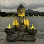 statue bouddha résine zen jardin extérieur flammes méditation lotus spiritualité