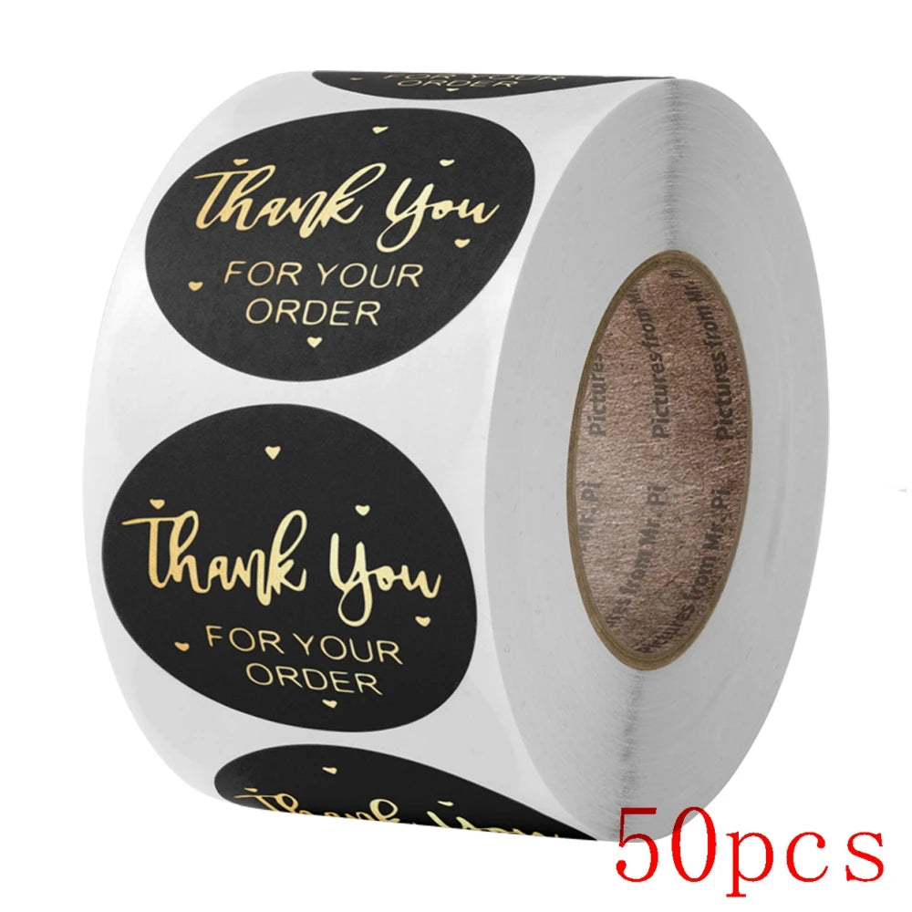 autocollants merci votre commande noir rose doré transparents élégants cœurs écriture manuscrite lot 50