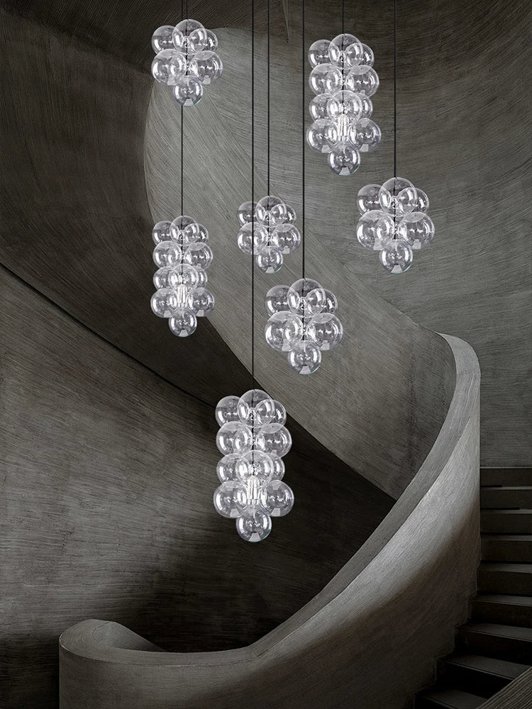 suspension lumineuse verre transparent moderne boules verre câbles acier poli led semi encastré