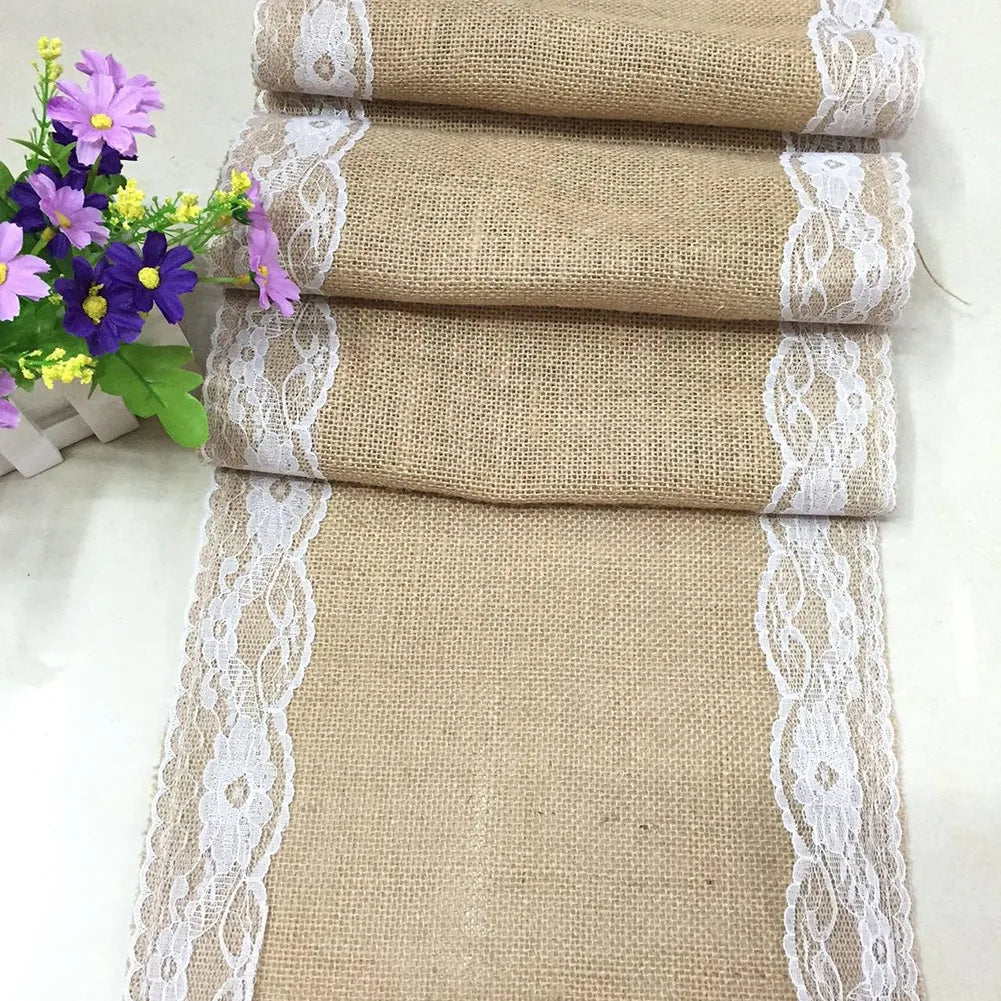 nappe table vintage jute lin dentelle bordure fleurs artificielles rustique cuisine salle manger