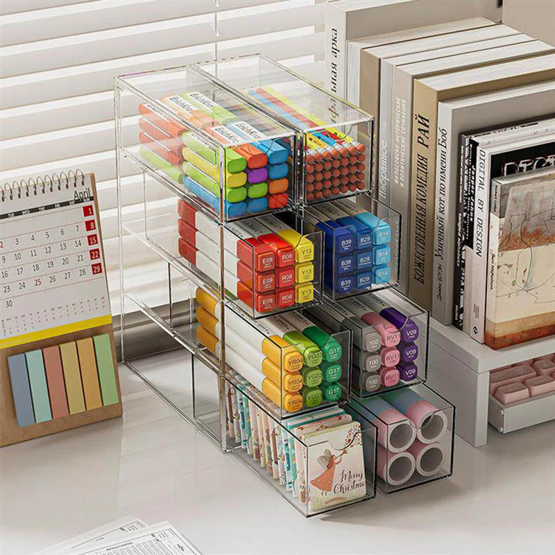 boîte rangement transparent moderne compartiments graphiques colorés réutilisable blanc fonctionnelle badges articles divers