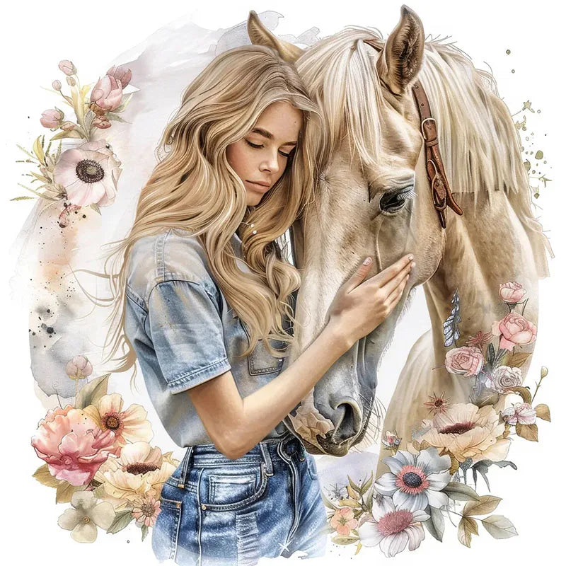 autocollant mural adhésif fille cheval fleurs décoration murale artistique salon maison sticker décoratif