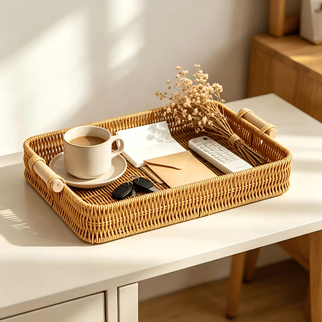 panier rotin tissé moderne poignées bois beige clair rangement cuisine chambre