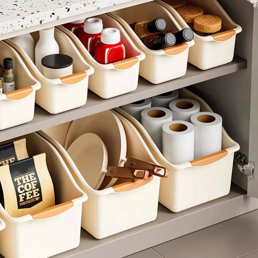 organiseur rangement moderne plastique beige orange roulettes poignées antidérapantes bouteilles sacs