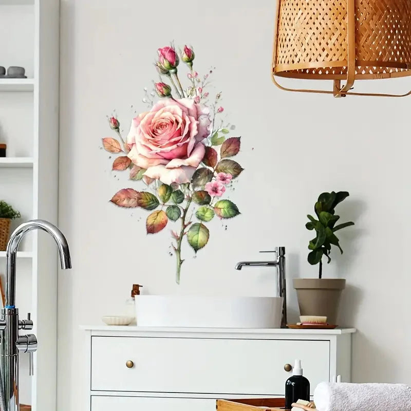 autocollant mural floral bouquet roses feuilles moderne rose vert brun opaque chambre salon