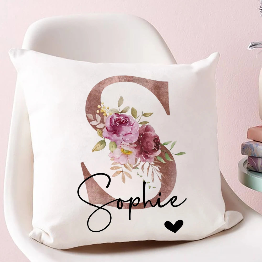 taie d'oreiller motif floral rose lettres initiales respectueux environnement moderne blanc
