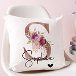 taie d'oreiller motif floral rose lettres initiales respectueux environnement moderne blanc