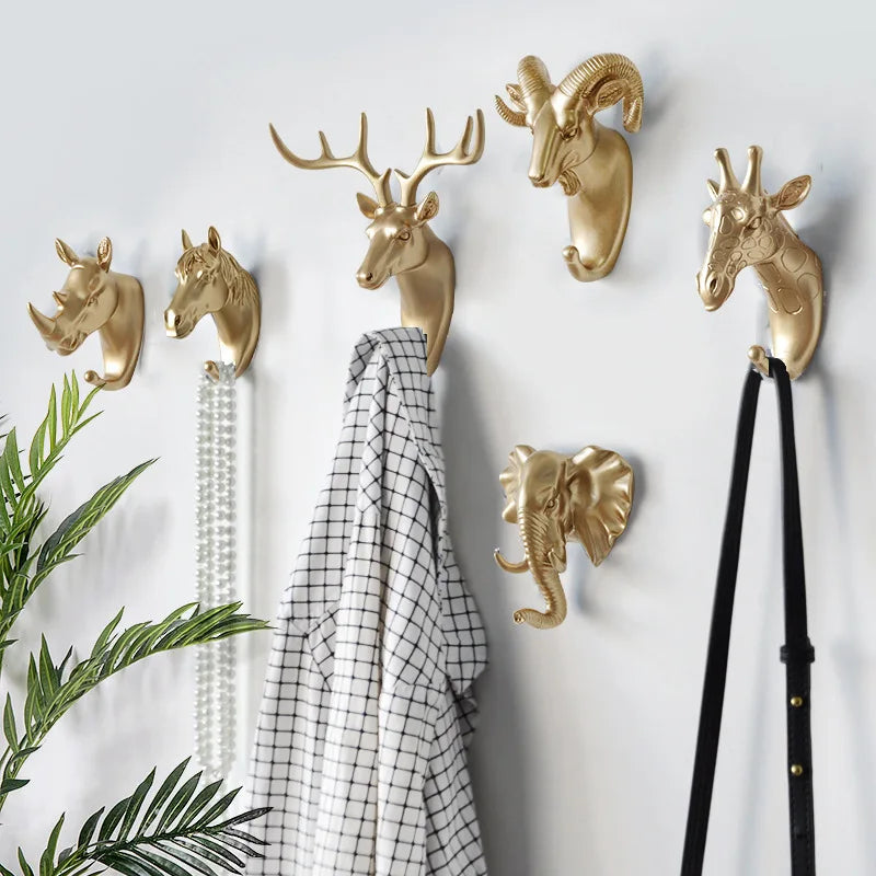 porte clefs mural animal or réaliste moderne éléphant rhinocéros cheval cerf bison PVC decoration