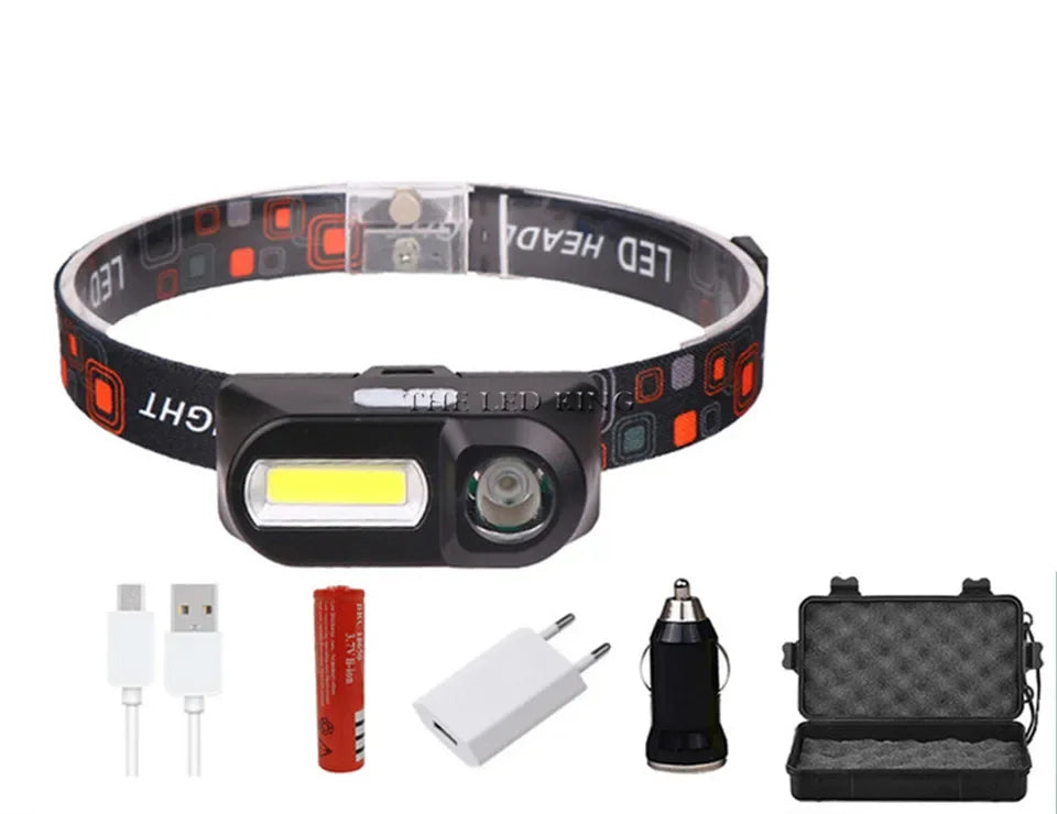 lampe frontale led noire blanc imprimée géométrique 1800lm modes aimant porte câble intégré camping