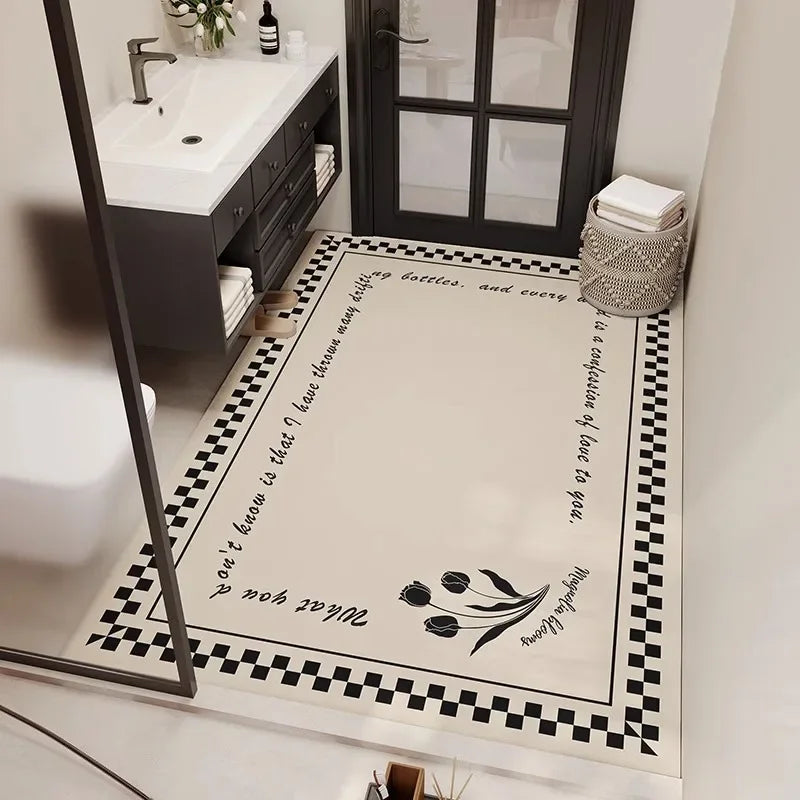 Une salle de bain moderne avec un sol carrelé orné d'un motif damier noir et blanc, et un élégant mobilier en bois foncé.
