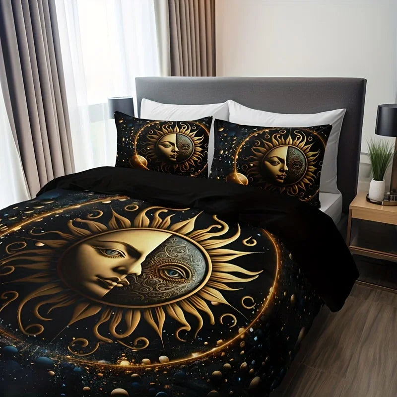 housse couette taie oreiller literie noire dorée motif soleil planètes floral galaxie fantastique chambre
