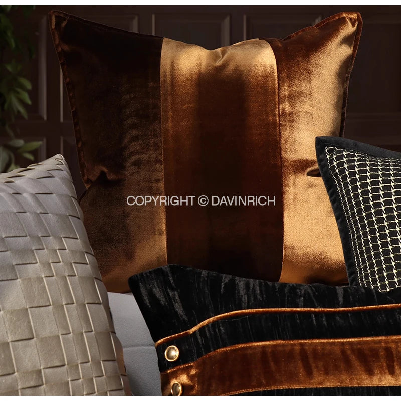 taies d'oreiller jacquard patchwork moderne rayées marron doré élégantes respectueuses environnement adhésives maison