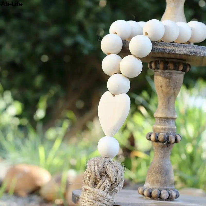 bracelet boho bois blanc coeur pompon corde rustique décoration maison