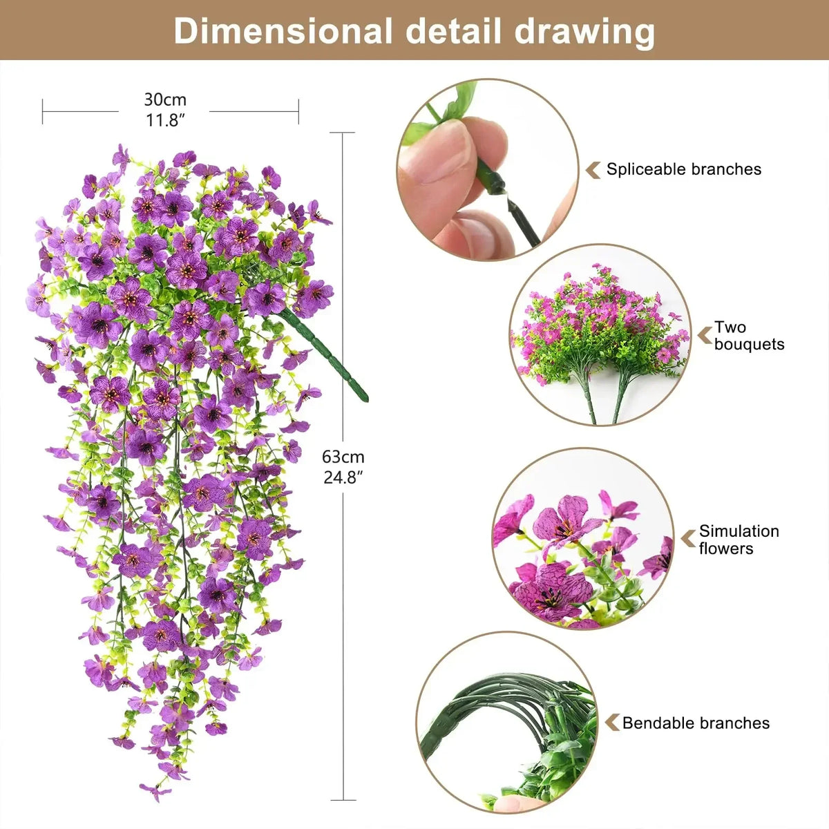 décoration extérieure plante artificielle suspendue fleurs marguerites violettes feuilles vertesbranches flexibles moderne