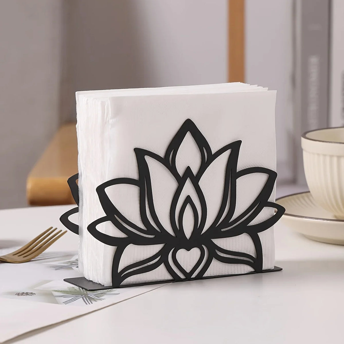 porte serviettes fleur lotus moderne noir blanc clips salle manger cuisine élégant métal utilisation