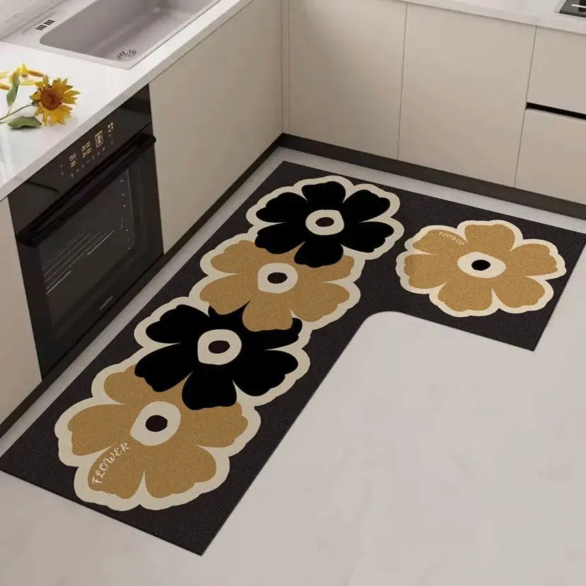 tapis cuisine noir fleurs stylisées moderne imperméable antidérapant polypropylène PVCintérieur sèche rapidement
