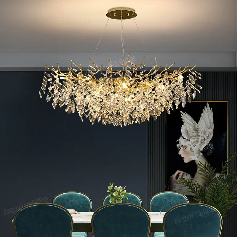 Suspension lumineuse contemporaine transparente dorée branches feuilles LED 100cm