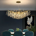 Suspension lumineuse contemporaine transparente dorée branches feuilles LED 100cm