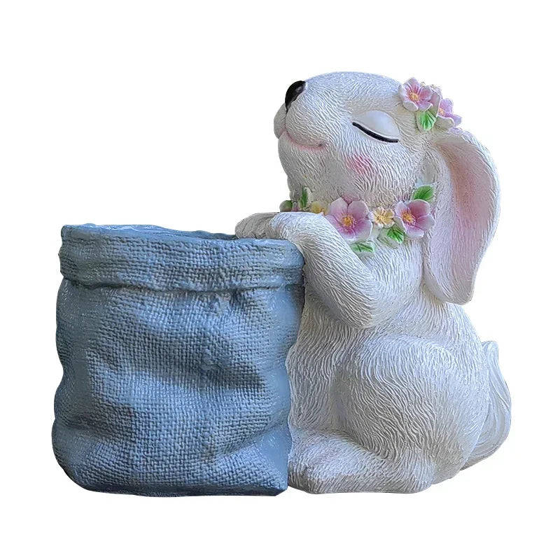 Statues lapins décoratifs fleurs artificielles blanc rose bleu texture fourrure