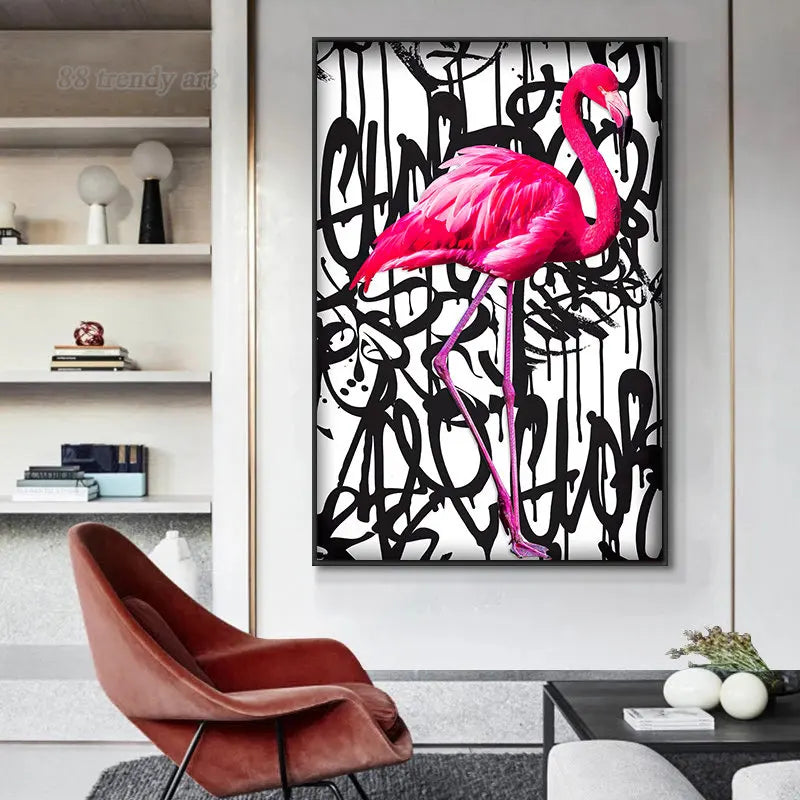 tableau abstrait flamant rose calligraphies noires deco moderne oiseau animal compagnie toile sans cadre