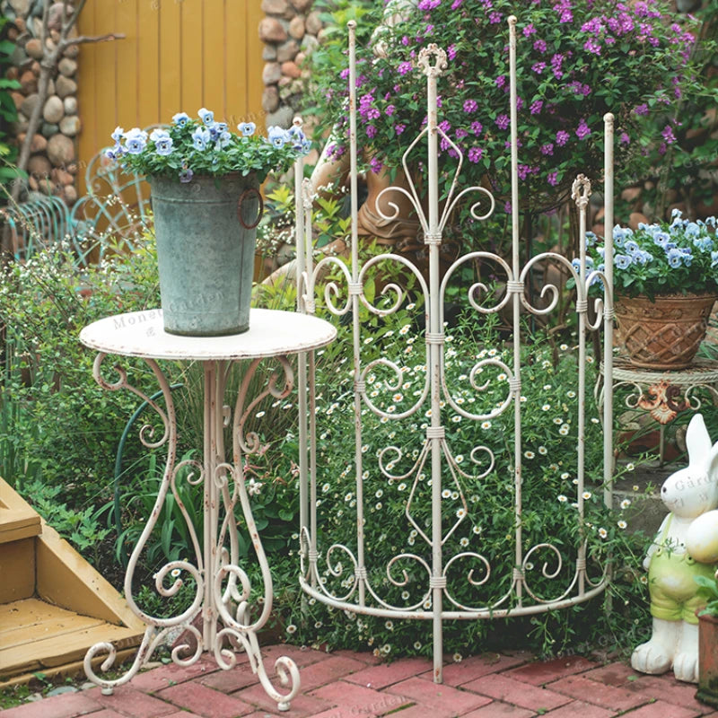 table ronde extérieure métal vieilli blanc ajourée rustique vintage fleur pot jardinière balcon patio
