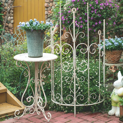 table ronde extérieure métal vieilli blanc ajourée rustique vintage fleur pot jardinière balcon patio