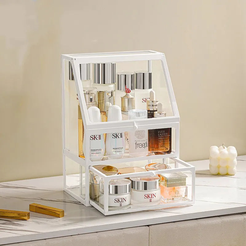 boîte rangement cosmétique transparente blanc brosse maquillage pot crème flacon parfum moderne minimaliste