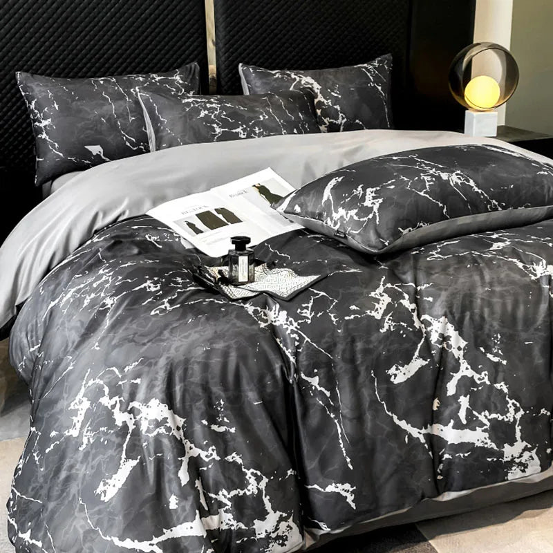 ensemble literie noir marbré moderne housses taies oreillers drap lit