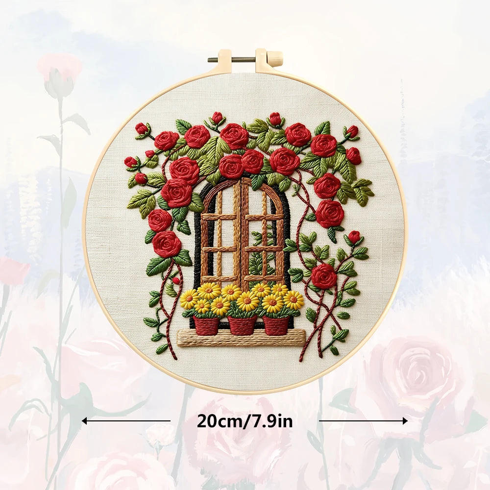 Kit broderie fleurs roses pivoines tissu beige fils aiguilles instructions anglaises anneaux boisDecoration artisanale