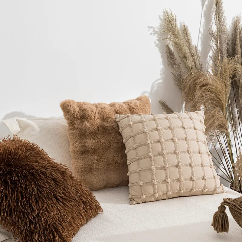 housse coussin beige marron motif rayé texture douce moderne opacité jacquard polyester décoration canapé