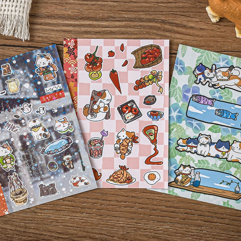 stickers kawaii japonais chats cerisiers ramen papeterie scrapbooking diy mignon vert bleu