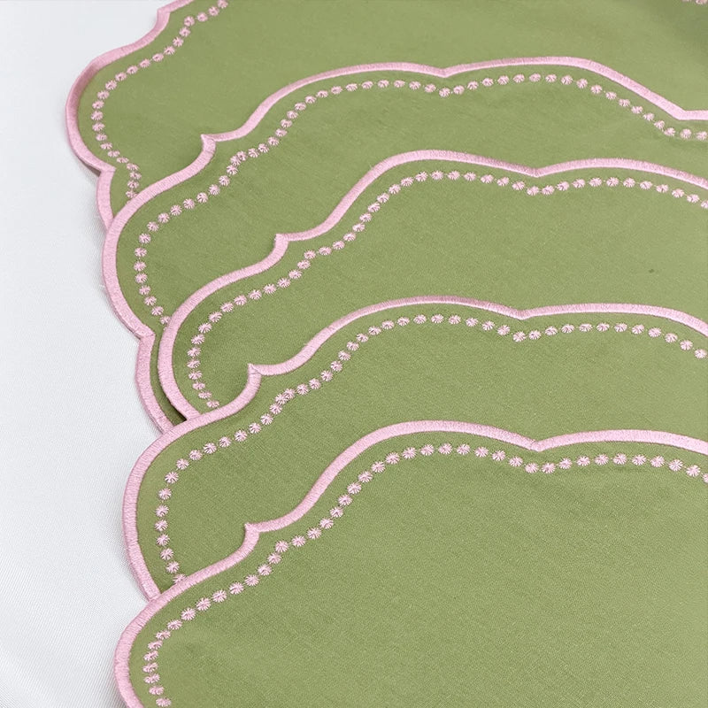sets table vert olive rose brodé dimensions 42x30cm champêtre assiettes tasses couverts
