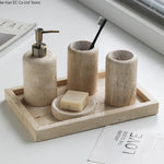 ensemble salle bain pierre naturelle moderne distributeur savon porte brosse dents plateau carré minimaliste