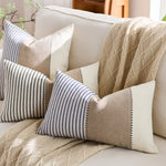 housse coussin décorative rustique rayures horizontales beige bleu marine rose clair polyester