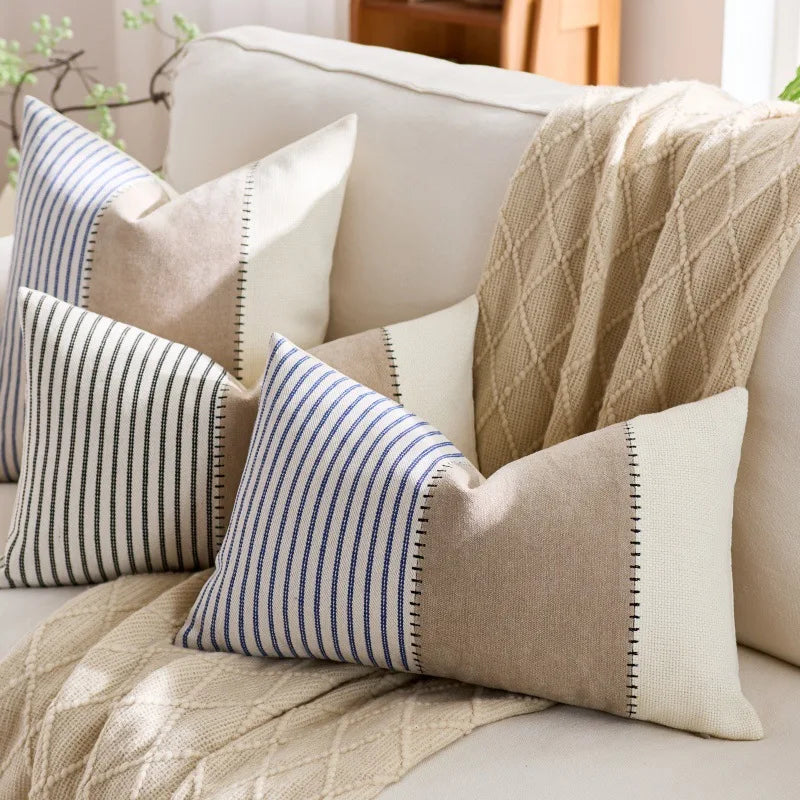housse coussin décorative rustique rayures horizontales beige bleu marine rose clair polyester