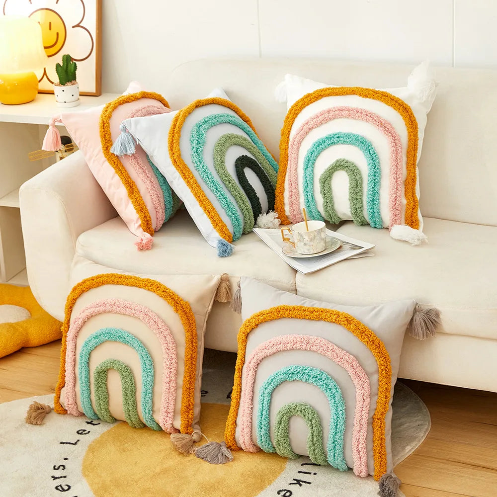 taie d'oreiller bohème multicolore géométrique carrée opaques adhésif zipper tassel coussin décoratif maison voiture