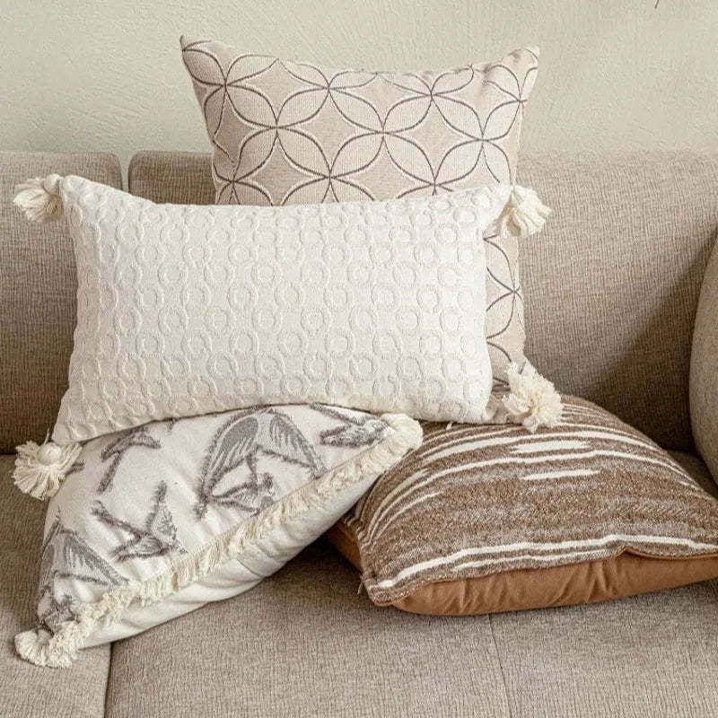 housse coussin jacquard géométrique oiseaux rustique tassel beige opacité décorative maison voiture 45x45cm 30x50cm