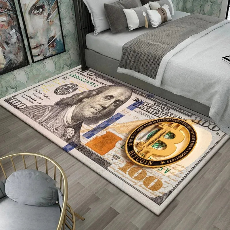 tapis décoratif moderne motif billets banque bitcoin bleu blanc noir doré salon chambre maison