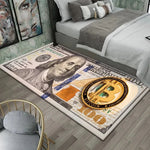 tapis décoratif moderne motif billets banque bitcoin bleu blanc noir doré salon chambre maison